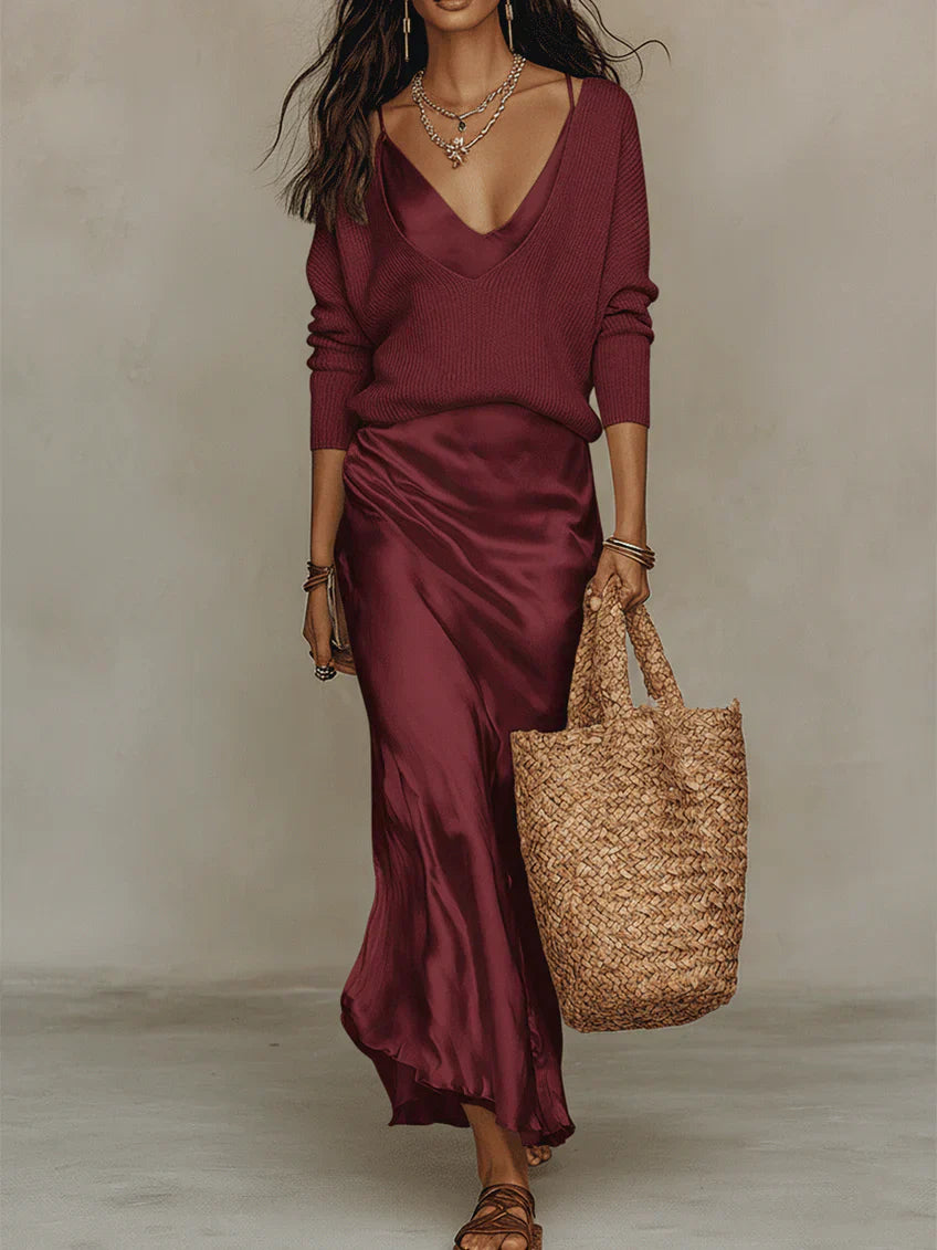Alice | Midi Satin Dress with Included Sweater