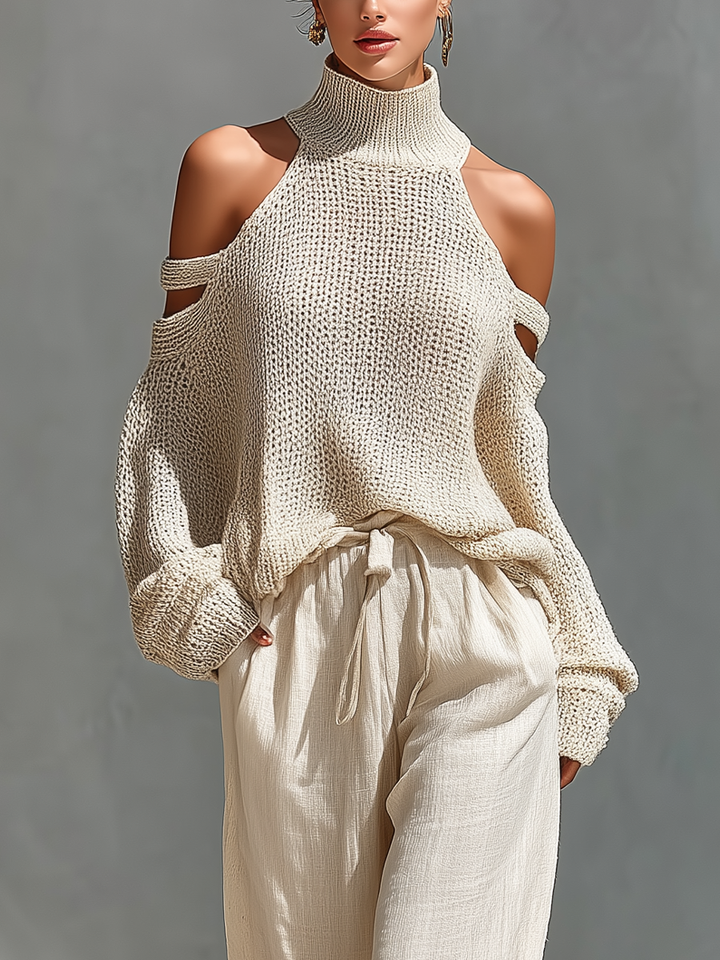 Celandine™ | Knit Fabric Cold-Shoulder Turtleneck Top & Wide-Leg Trousers Set