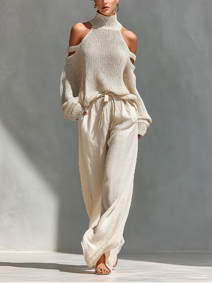 Celandine™ | Knit Fabric Cold-Shoulder Turtleneck Top & Wide-Leg Trousers Set