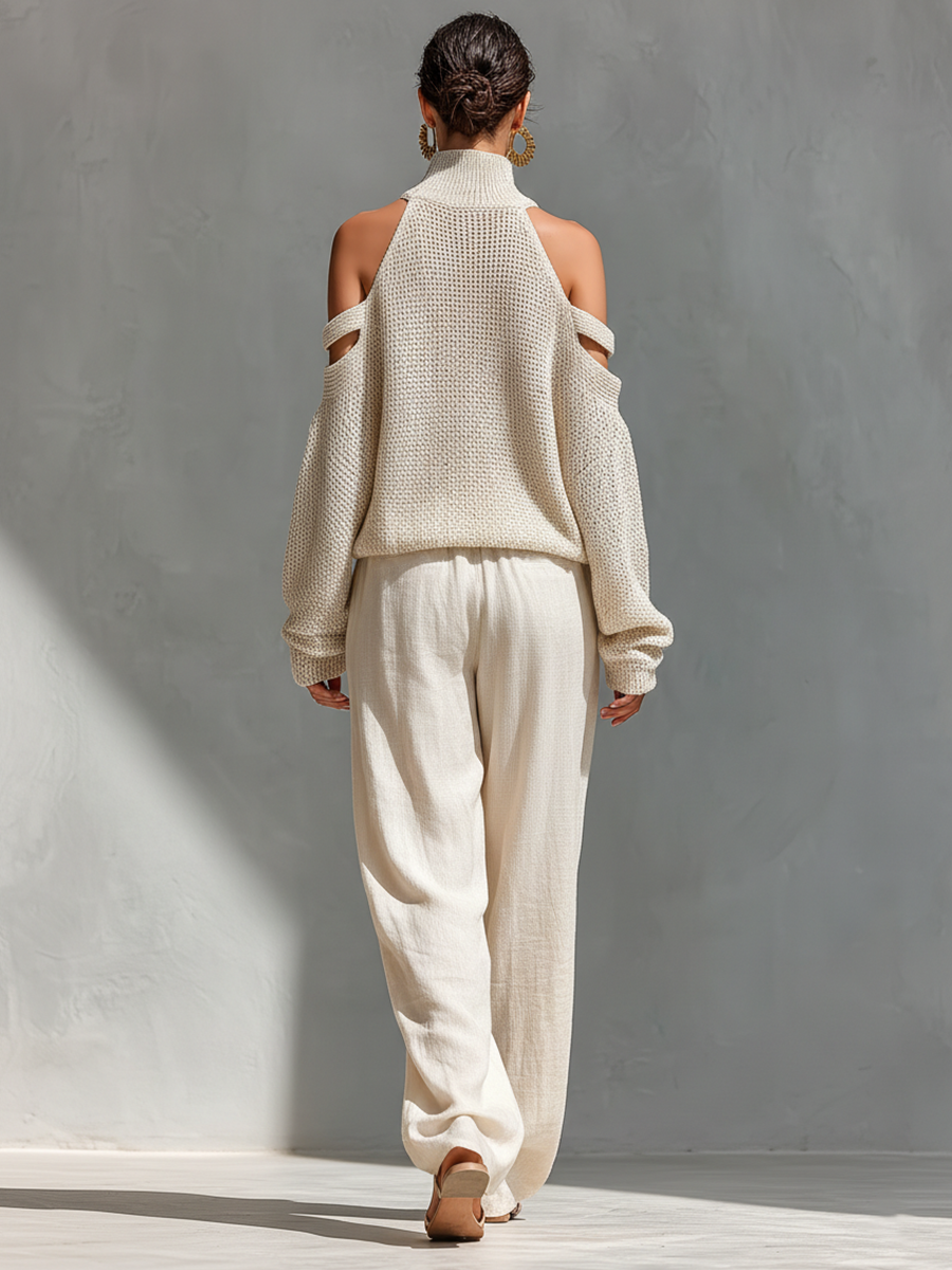 Celandine™ | Knit Fabric Cold-Shoulder Turtleneck Top & Wide-Leg Trousers Set