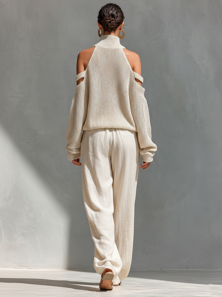 Celandine™ | Knit Fabric Cold-Shoulder Turtleneck Top & Wide-Leg Trousers Set
