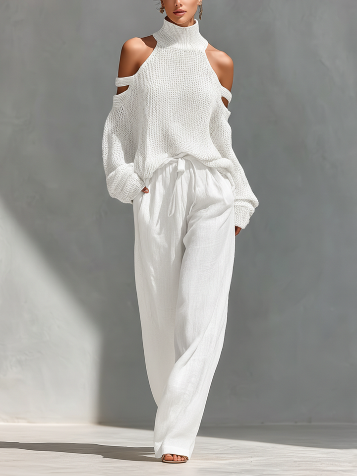 Celandine™ | Knit Fabric Cold-Shoulder Turtleneck Top & Wide-Leg Trousers Set