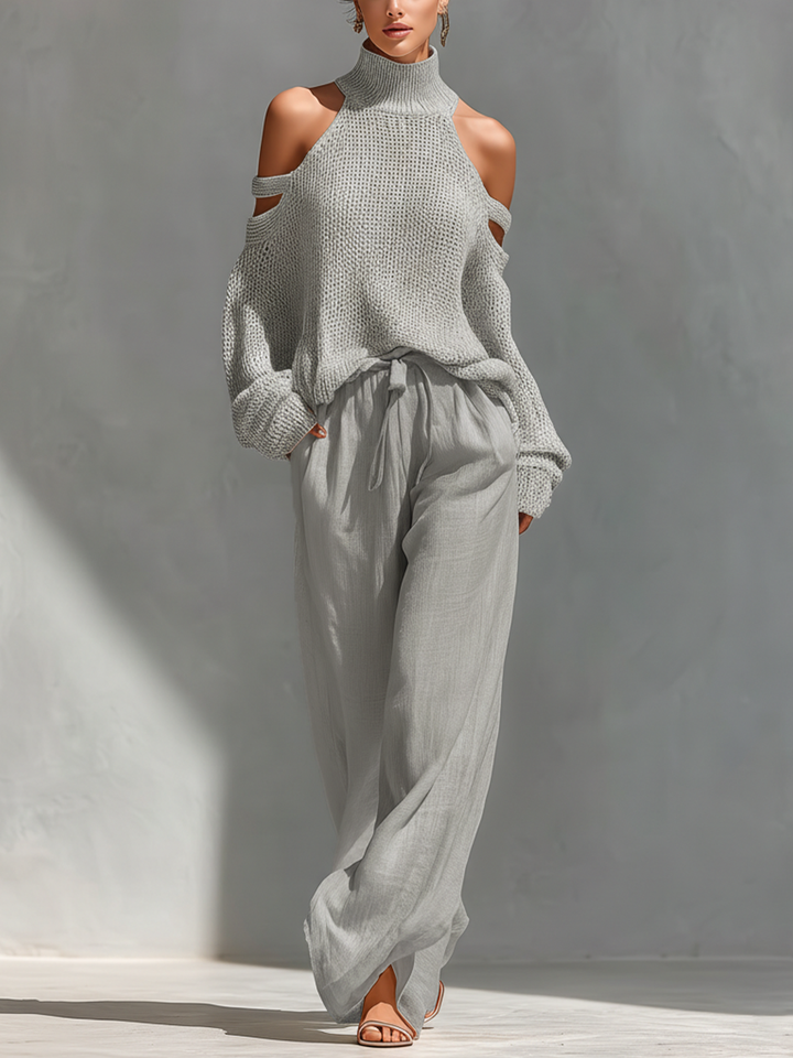 Celandine™ | Knit Fabric Cold-Shoulder Turtleneck Top & Wide-Leg Trousers Set