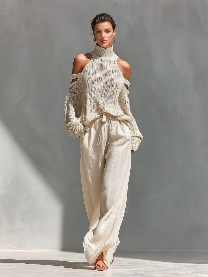 Celandine™ | Knit Fabric Cold-Shoulder Turtleneck Top & Wide-Leg Trousers Set
